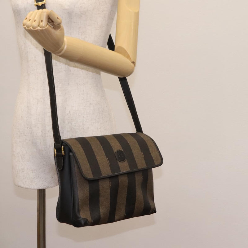 FENDI Pecan Canvas Shoulder Bag Brown Black Auth ep8726