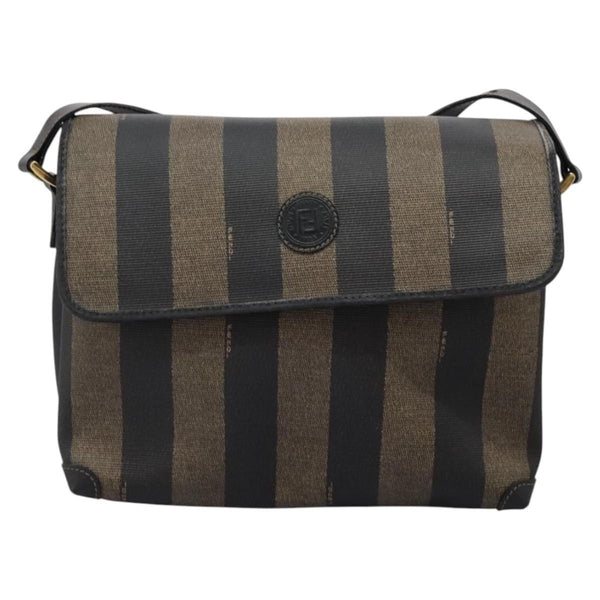 FENDI Pecan Canvas Shoulder Bag Brown Black Auth ep8726