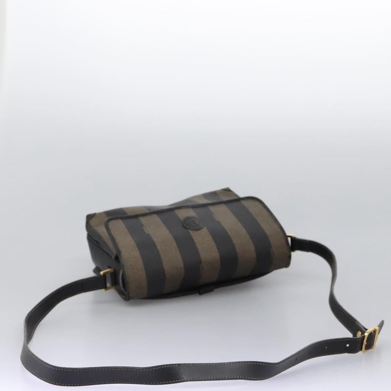 FENDI Pecan Canvas Shoulder Bag Brown Black Auth ep8726