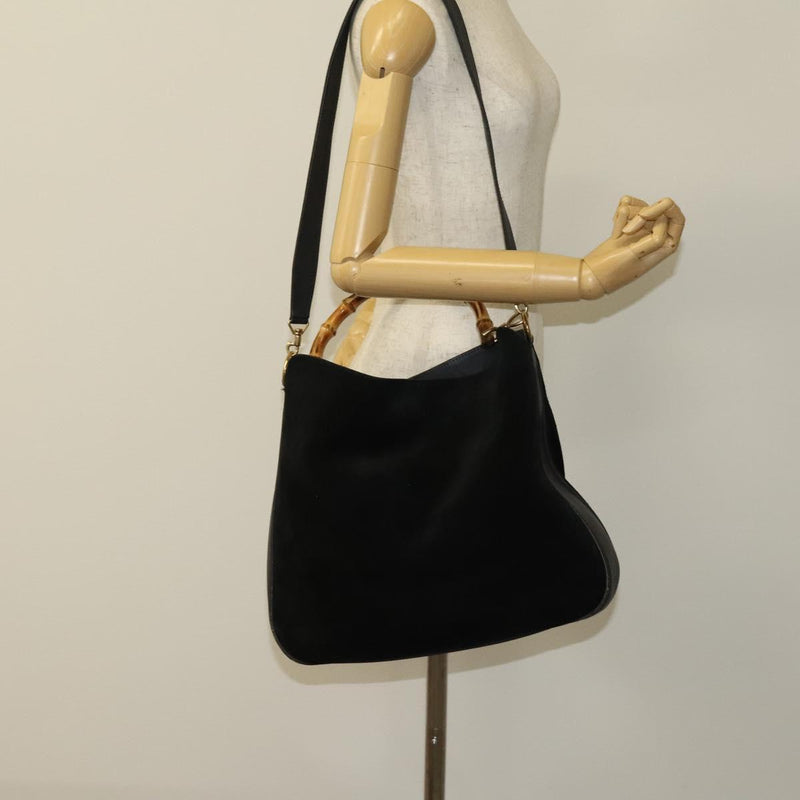GUCCI Bamboo Hand Bag Suede 2way Black Gold 001 1014 1577 Auth ep8767