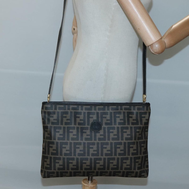 FENDI Zucca Canvas Shoulder Bag PVC Brown Black gold Auth ep8808