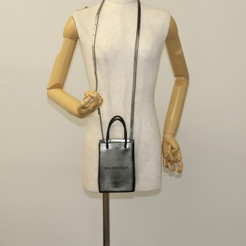 BALENCIAGA Shopping Phone Holder Shoulder Bag Leather Silver Auth fm4541