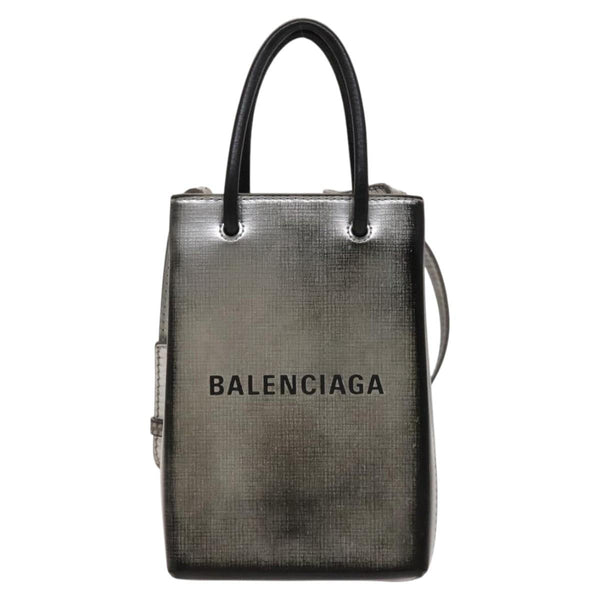 BALENCIAGA Shopping Phone Holder Shoulder Bag Leather Silver Auth fm4541