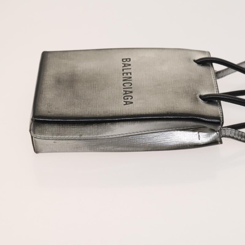 BALENCIAGA Shopping Phone Holder Shoulder Bag Leather Silver Auth fm4541