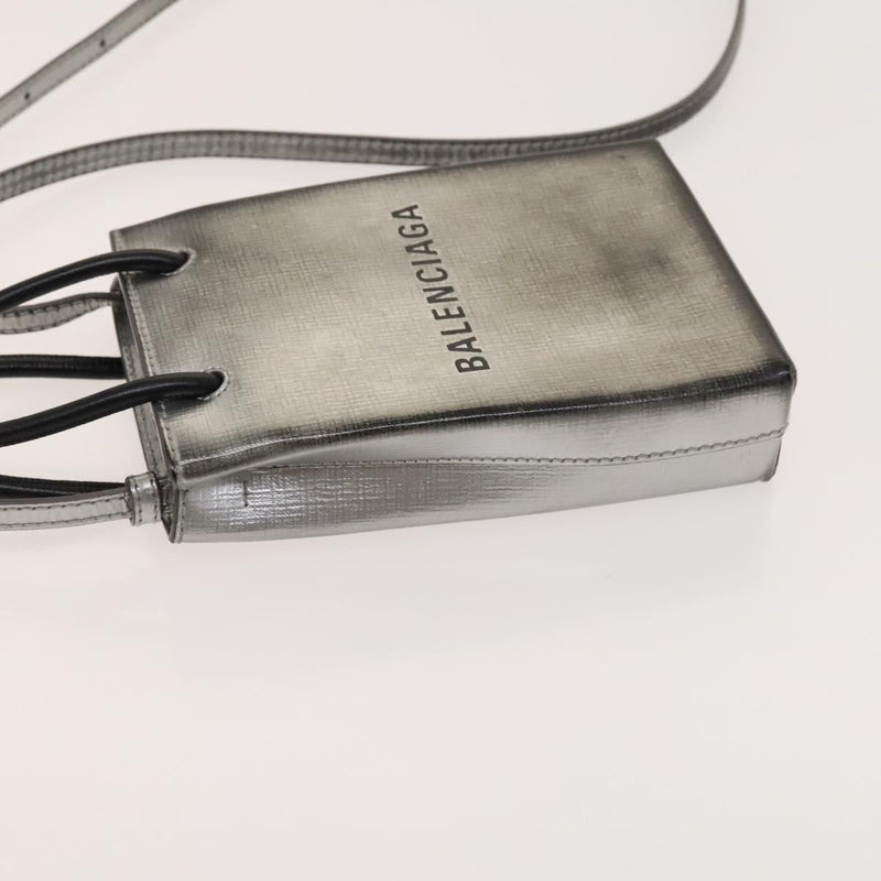 BALENCIAGA Shopping Phone Holder Shoulder Bag Leather Silver Auth fm4541