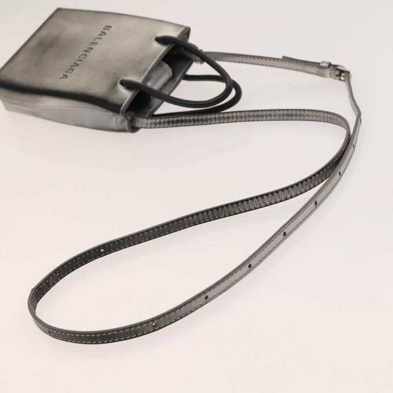 BALENCIAGA Shopping Phone Holder Shoulder Bag Leather Silver Auth fm4541