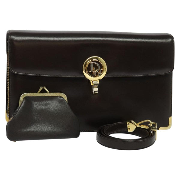 Christian Dior Shoulder Bag Leather Brown Gold Auth fm4544