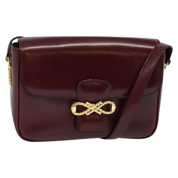 CELINE Shoulder Bag Leather Bordeaux Gold Auth fm4553
