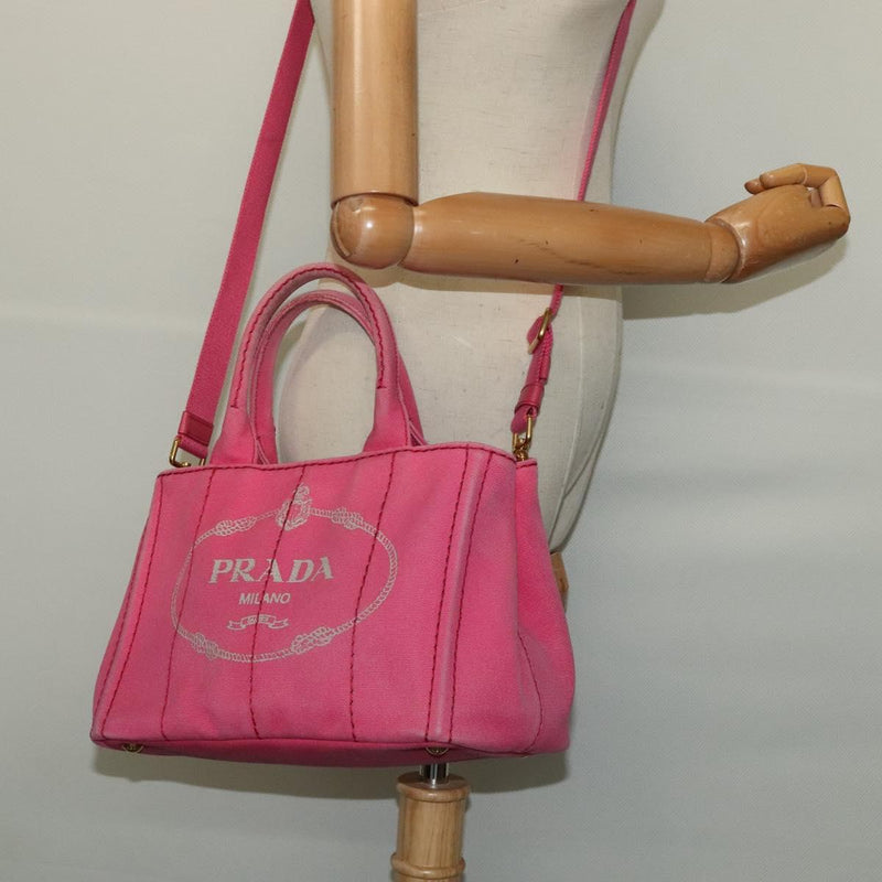 PRADA Canapa PM Hand Bag Canvas 2way Pink Gold Auth fm4554
