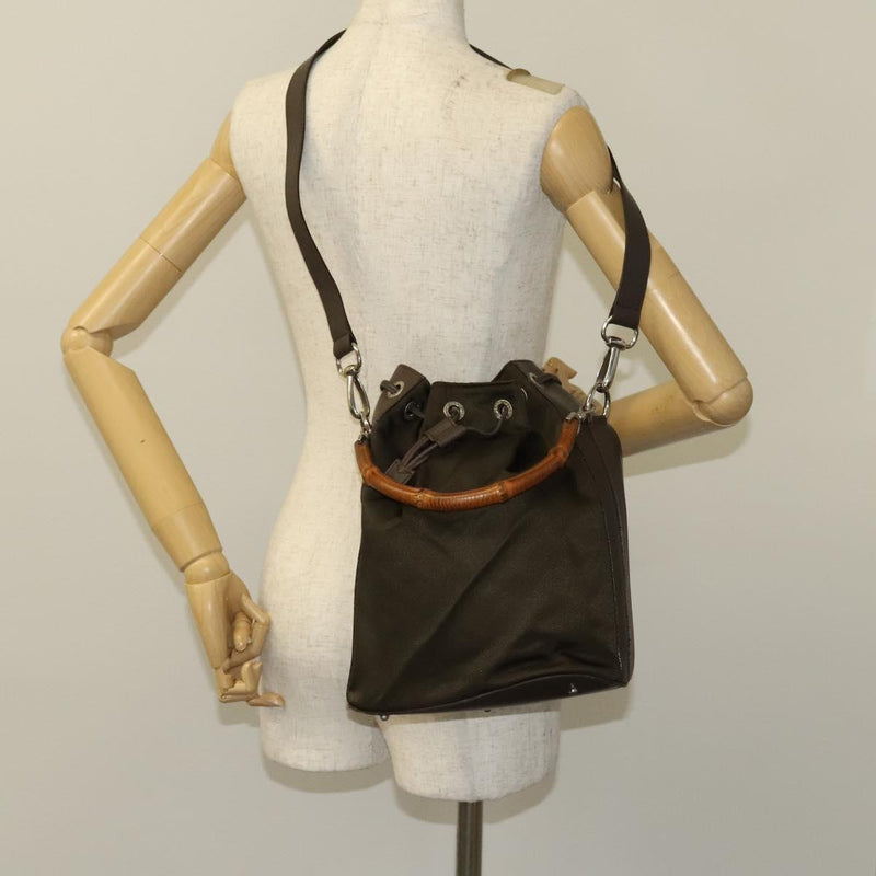 GUCCI Bamboo Hand Bag Nylon Leather 2way Khaki Silver 001 3754 1657 Auth fm4563