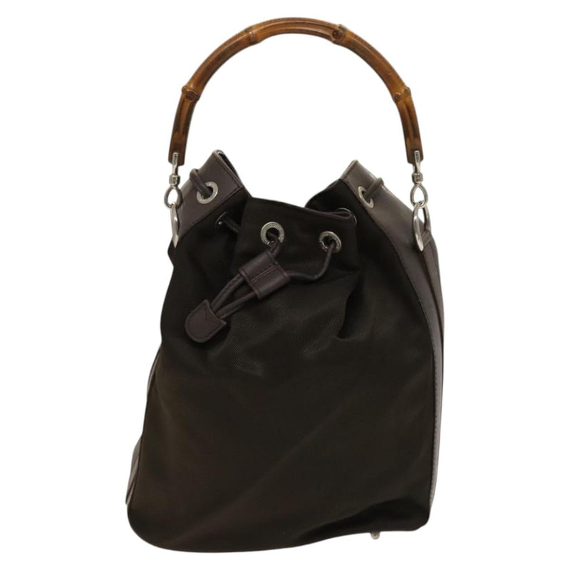 GUCCI Bamboo Hand Bag Nylon Leather 2way Khaki Silver 001 3754 1657 Auth fm4563