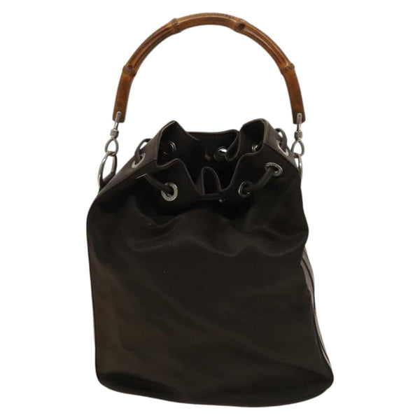 GUCCI Bamboo Hand Bag Nylon Leather 2way Khaki Silver 001 3754 1657 Auth fm4563
