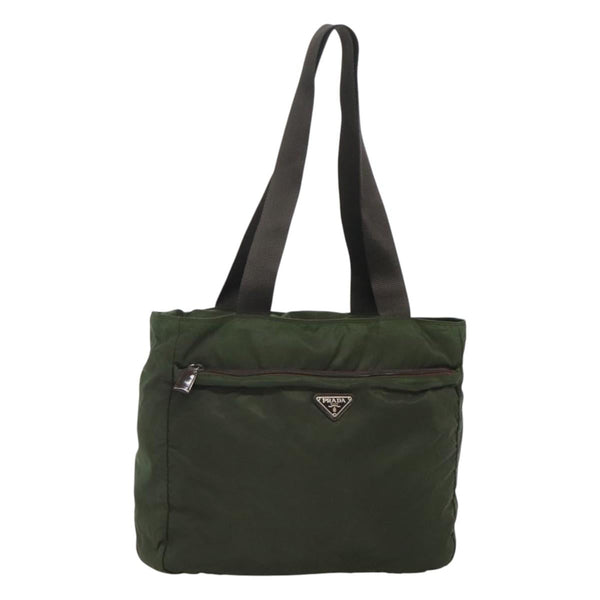PRADA Tote Bag Nylon Khaki Silver Auth fm4566