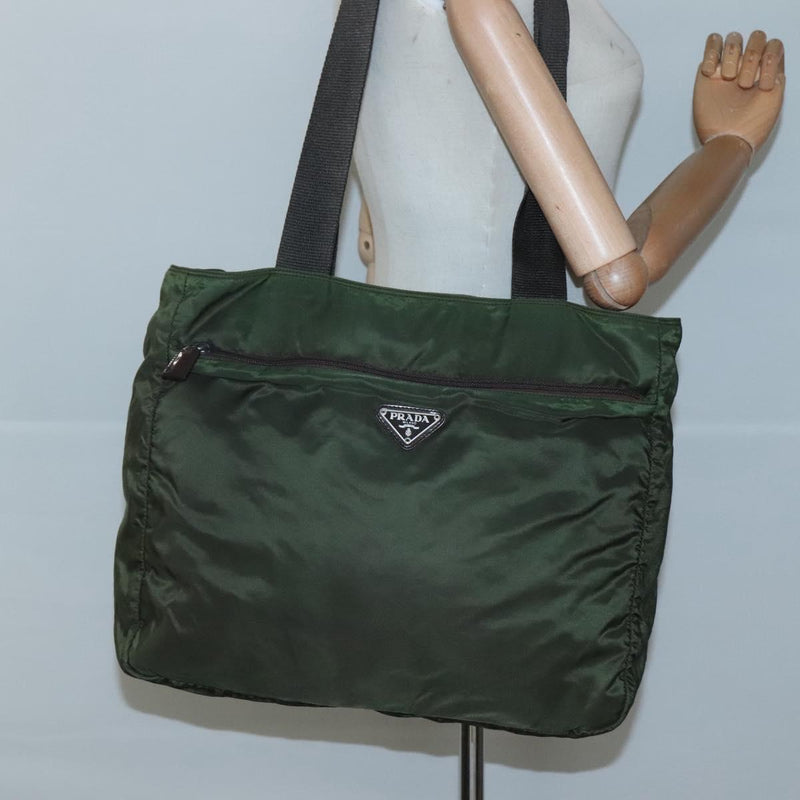 PRADA Tote Bag Nylon Khaki Silver Auth fm4566