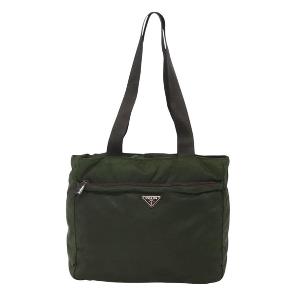 PRADA Tote Bag Nylon Khaki Silver Auth fm4566