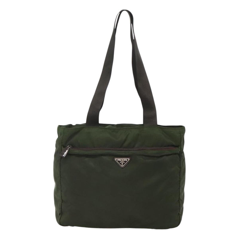 PRADA Tote Bag Nylon Khaki Silver Auth fm4566