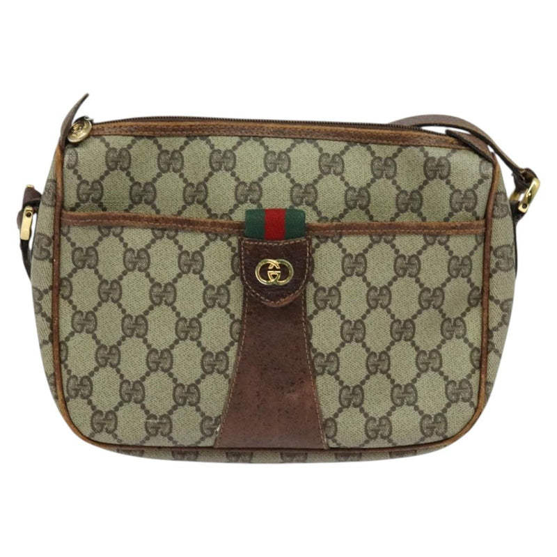 GUCCI GG Supreme Web Sherry Line Shoulder Bag PVC Leather Beige Gold Auth fm4588