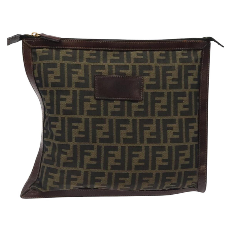 FENDI Zucca Canvas Clutch Bag Black Brown gold Auth fm4602