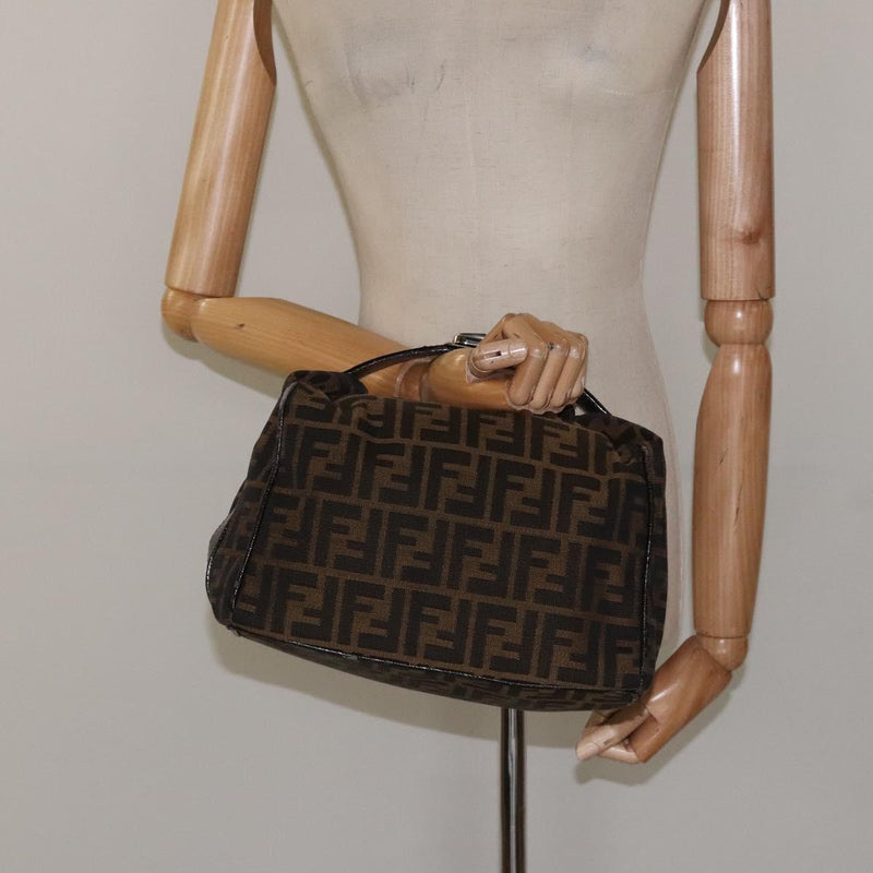 FENDI Zucca Canvas Vanity Hand Bag Black Brown Silver Auth fm4609