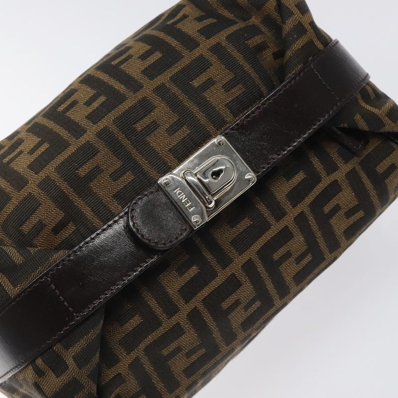 FENDI Zucca Canvas Vanity Hand Bag Black Brown Silver Auth fm4609