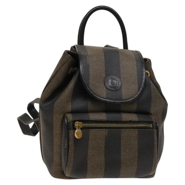 FENDI Pecan Canvas Backpack Brown Black gold Auth fm4620