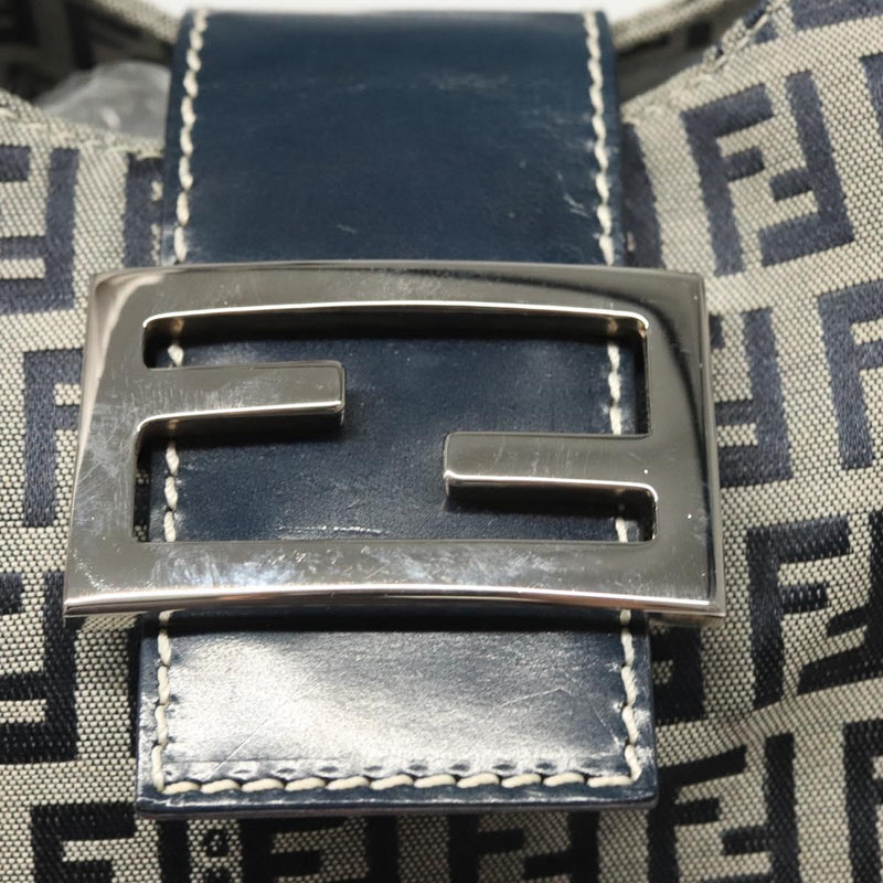 FENDI Zucchino Canvas Mamma Baguette Shoulder Bag Navy Silver Auth hk2452