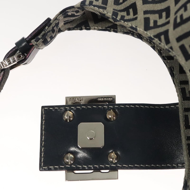 FENDI Zucchino Canvas Mamma Baguette Shoulder Bag Navy Silver Auth hk2452