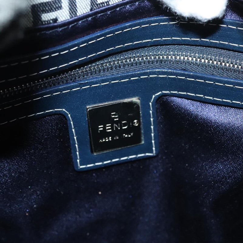FENDI Zucchino Canvas Mamma Baguette Shoulder Bag Navy Silver Auth hk2452