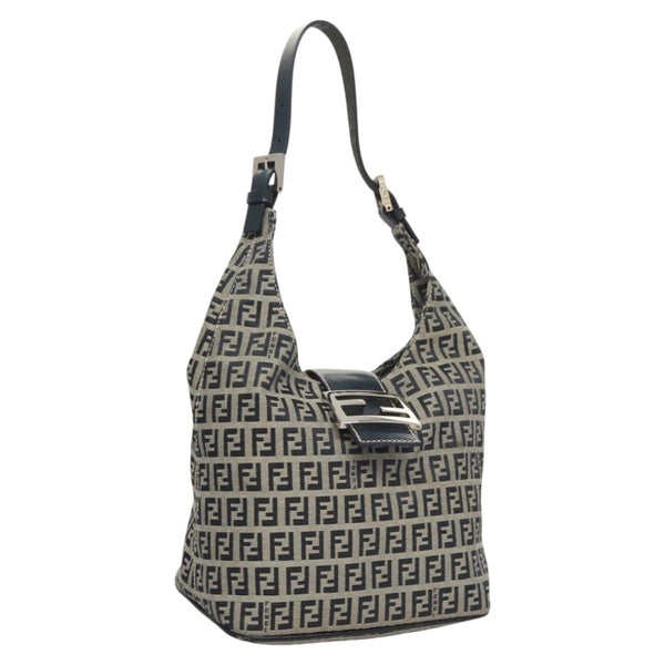 FENDI Zucchino Canvas Mamma Baguette Shoulder Bag Navy Silver Auth hk2452