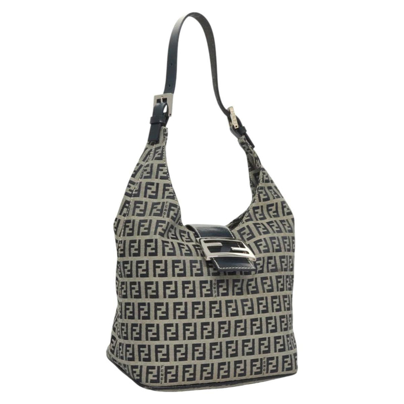 FENDI Zucchino Canvas Mamma Baguette Shoulder Bag Navy Silver Auth hk2452