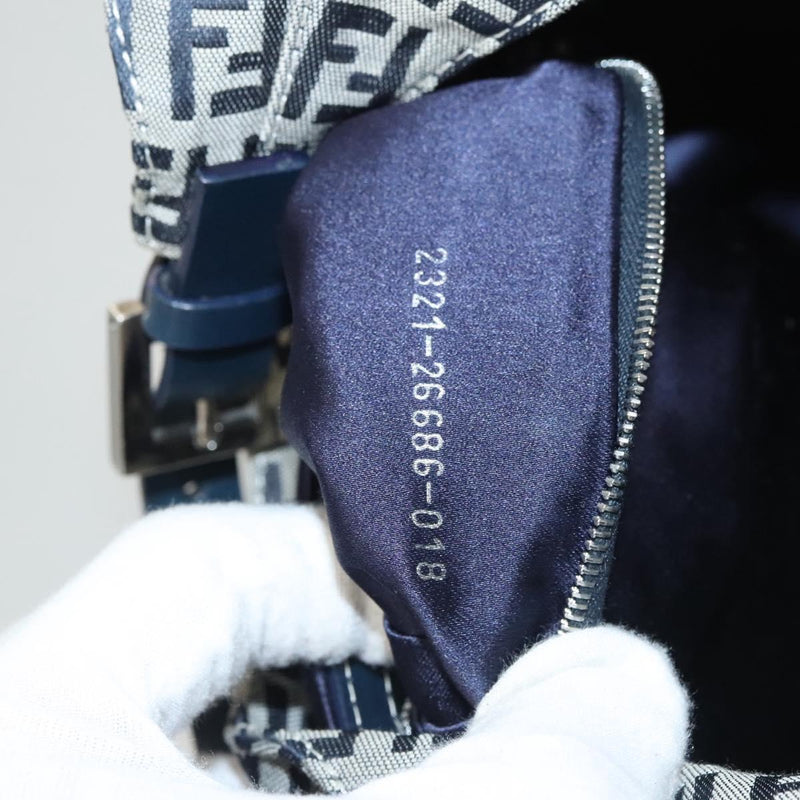 FENDI Zucchino Canvas Mamma Baguette Shoulder Bag Navy Silver Auth hk2452