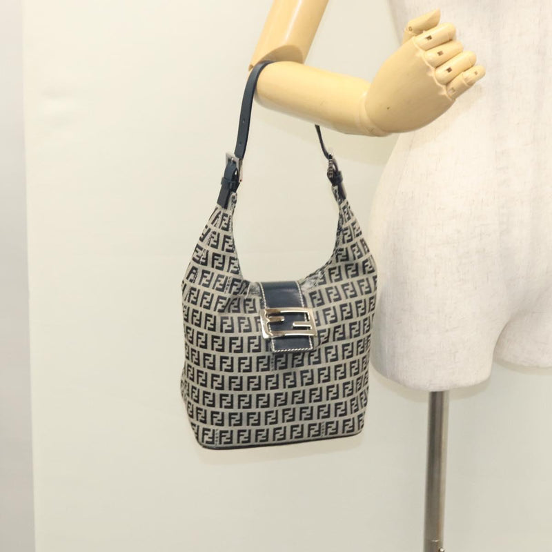 FENDI Zucchino Canvas Mamma Baguette Shoulder Bag Navy Silver Auth hk2452