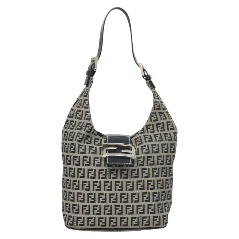 FENDI Zucchino Canvas Mamma Baguette Shoulder Bag Navy Silver Auth hk2452