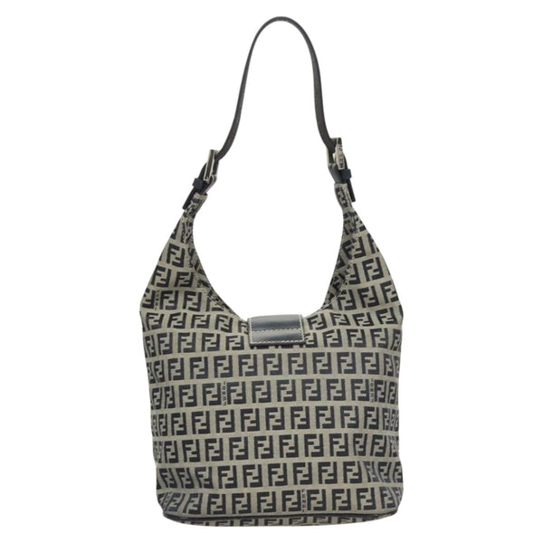 FENDI Zucchino Canvas Mamma Baguette Shoulder Bag Navy Silver Auth hk2452