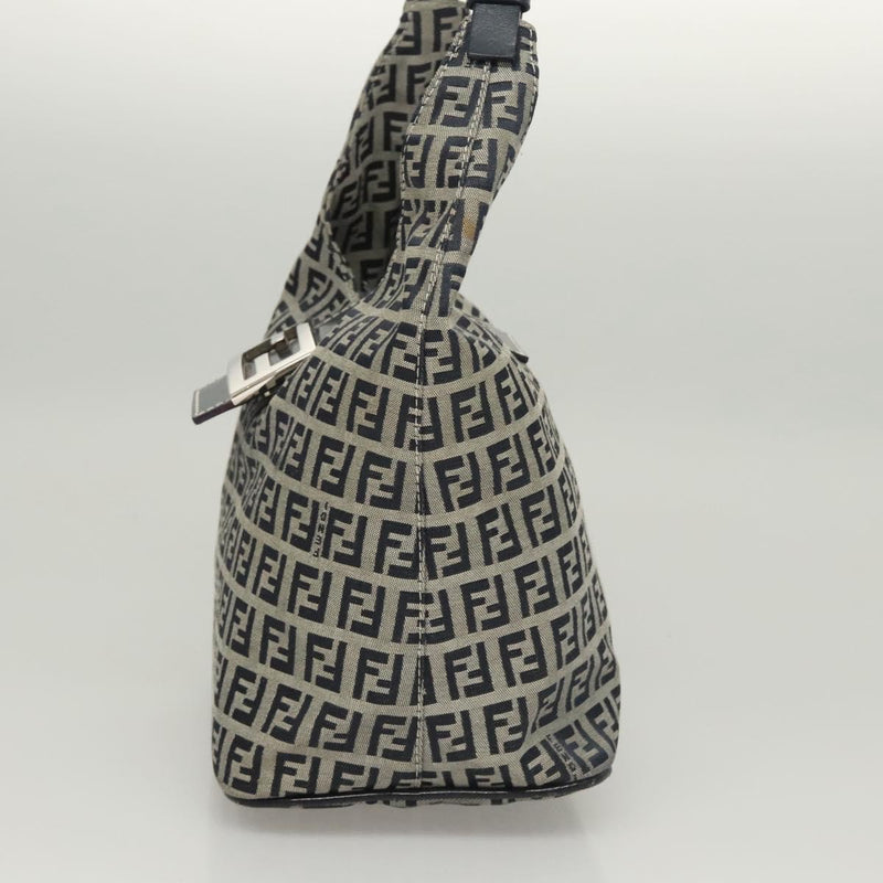 FENDI Zucchino Canvas Mamma Baguette Shoulder Bag Navy Silver Auth hk2452