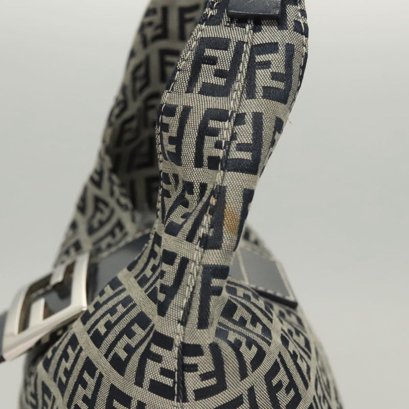 FENDI Zucchino Canvas Mamma Baguette Shoulder Bag Navy Silver Auth hk2452