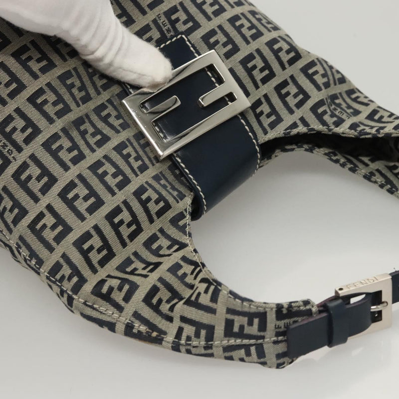FENDI Zucchino Canvas Mamma Baguette Shoulder Bag Navy Silver Auth hk2452