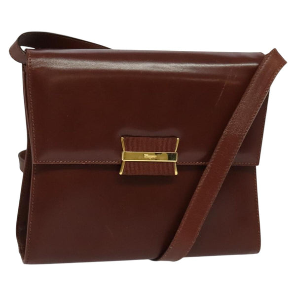 Salvatore Ferragamo Shoulder Bag Leather Brown Gold Auth hk2488