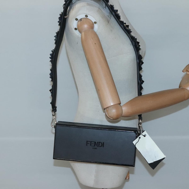 FENDI Box Shoulder Bag Leather Black Silver Auth hk2491