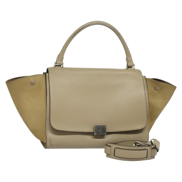CELINE Trapeze Hand Bag Leather 2way Beige Silver Auth hk2502