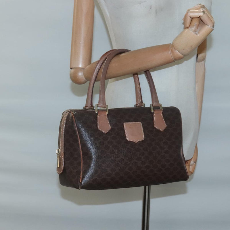 CELINE Macadam Canvas Mini Boston Bag PVC Leather Brown Gold Auth hk2504