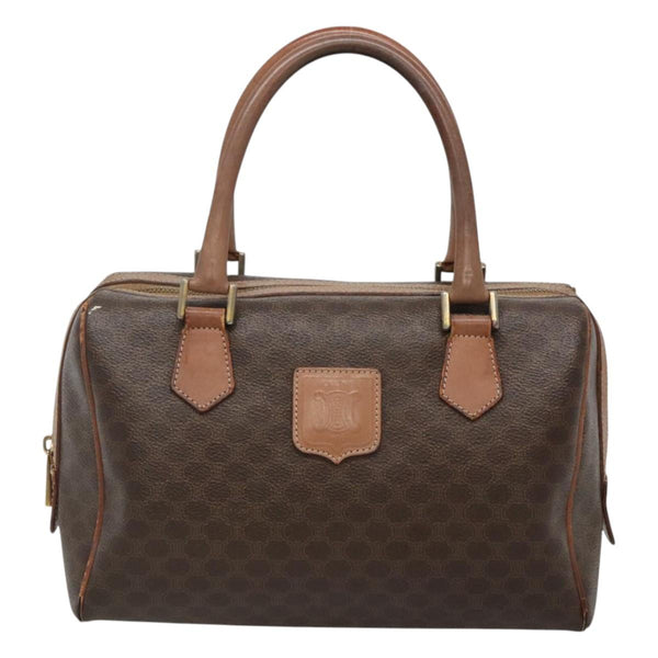 CELINE Macadam Canvas Mini Boston Bag PVC Leather Brown Gold Auth hk2504