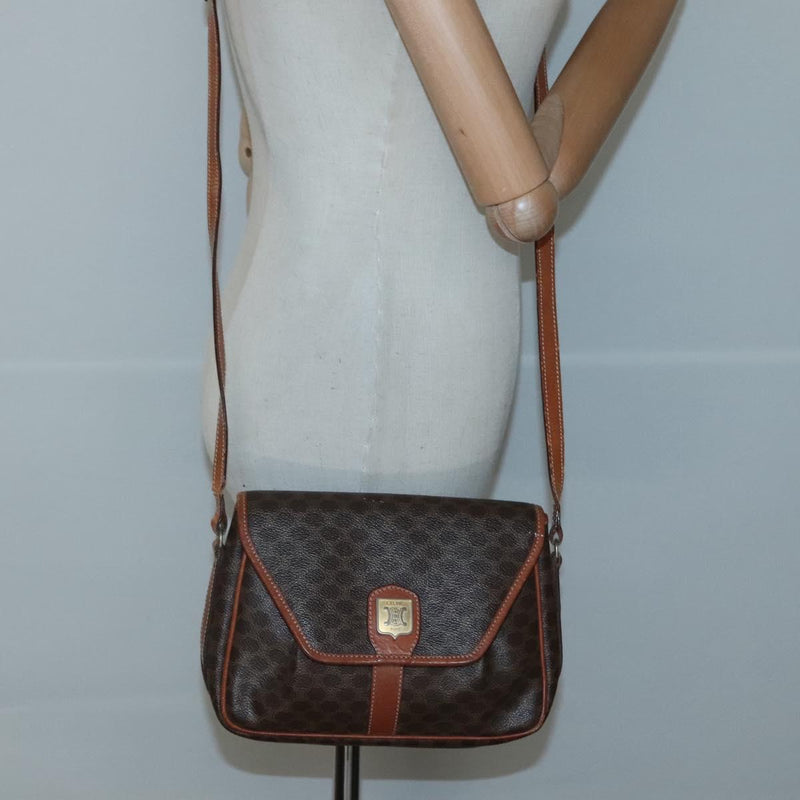 CELINE Macadam Canvas Shoulder Bag PVC Leather Brown Gold Auth hk2506
