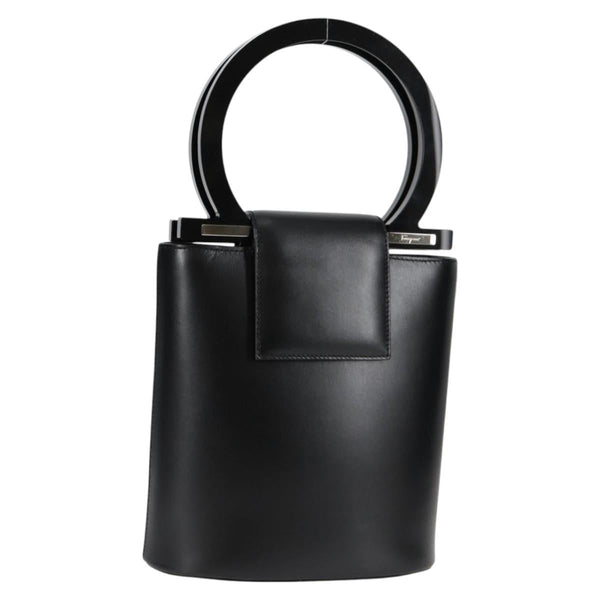 Salvatore Ferragamo Gancini Hand Bag Leather Plastic Black Silver Auth KD292AM