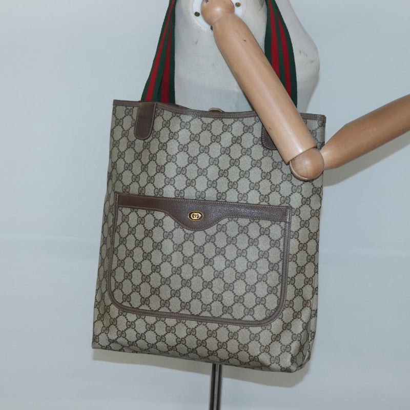 GUCCI GG Supreme Web Sherry Line Tote Bag PVC Leather Beige 39.02.003 Auth kk456