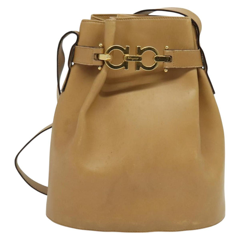 Salvatore Ferragamo Shoulder Bag Leather Beige Gold Auth kk464