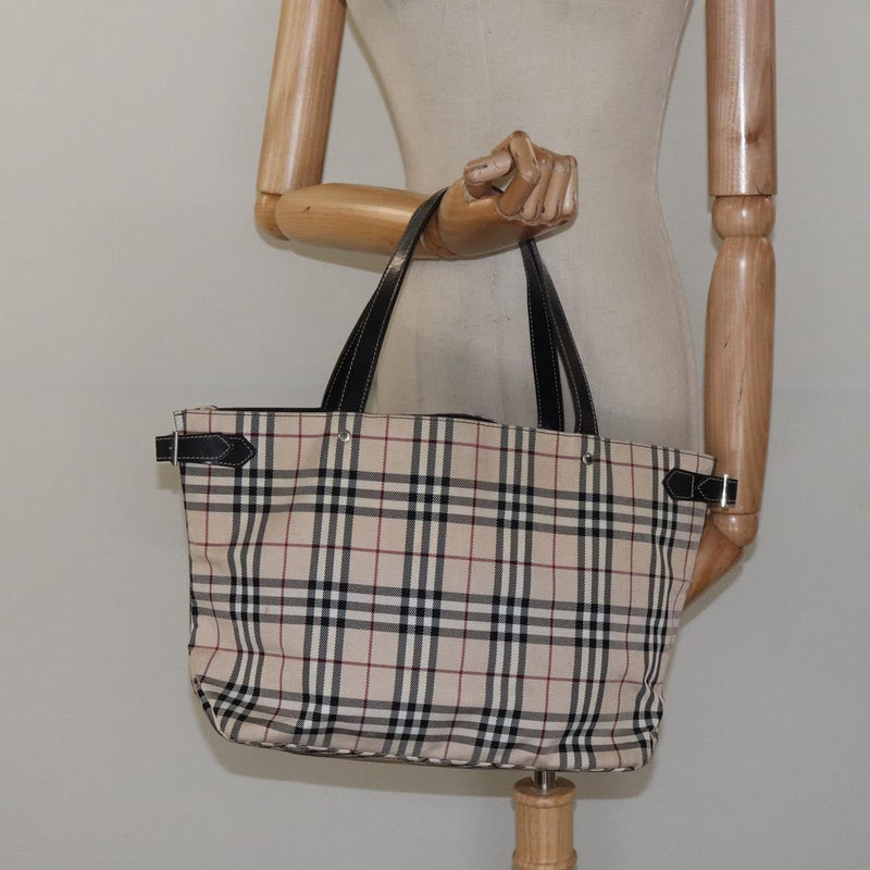 BURBERRY Nova Check Blue Label Tote Bag Nylon Beige Silver Auth kk473