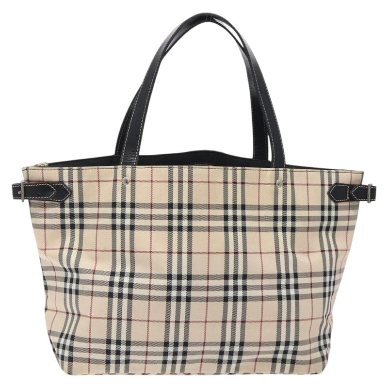 BURBERRY Nova Check Blue Label Tote Bag Nylon Beige Silver Auth kk473