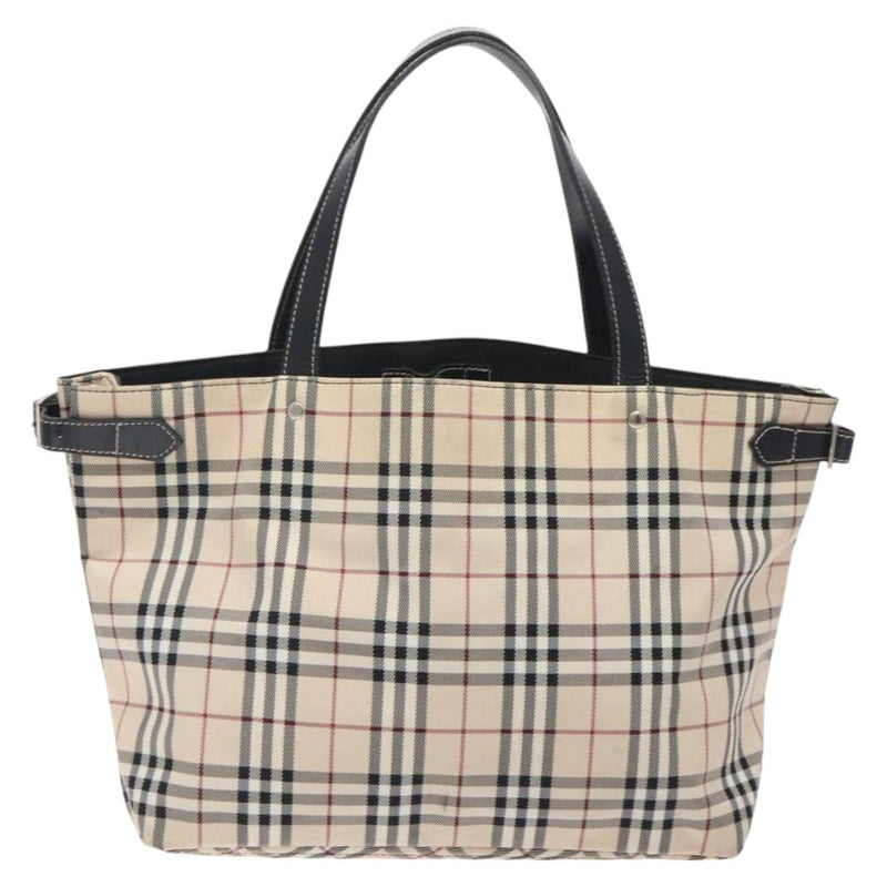 BURBERRY Nova Check Blue Label Tote Bag Nylon Beige Silver Auth kk473