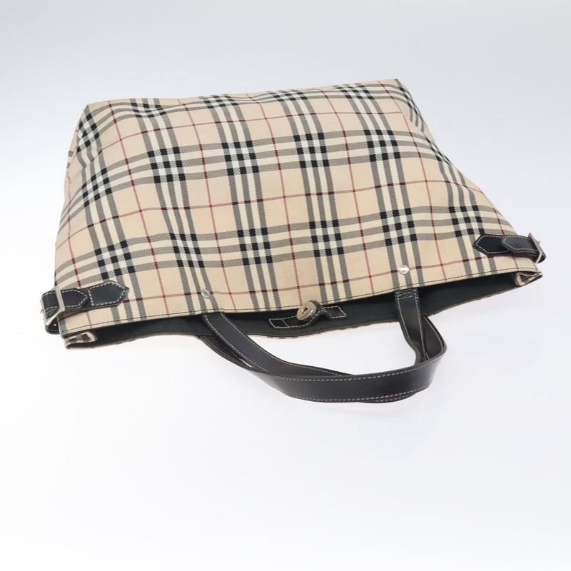 BURBERRY Nova Check Blue Label Tote Bag Nylon Beige Silver Auth kk473